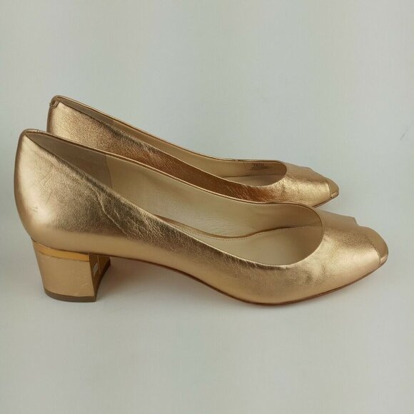 Vince Camuto Signature 7M Gold Metallic Open Toe Block Heel Shoes Lamb Leather - Picture 3 of 12